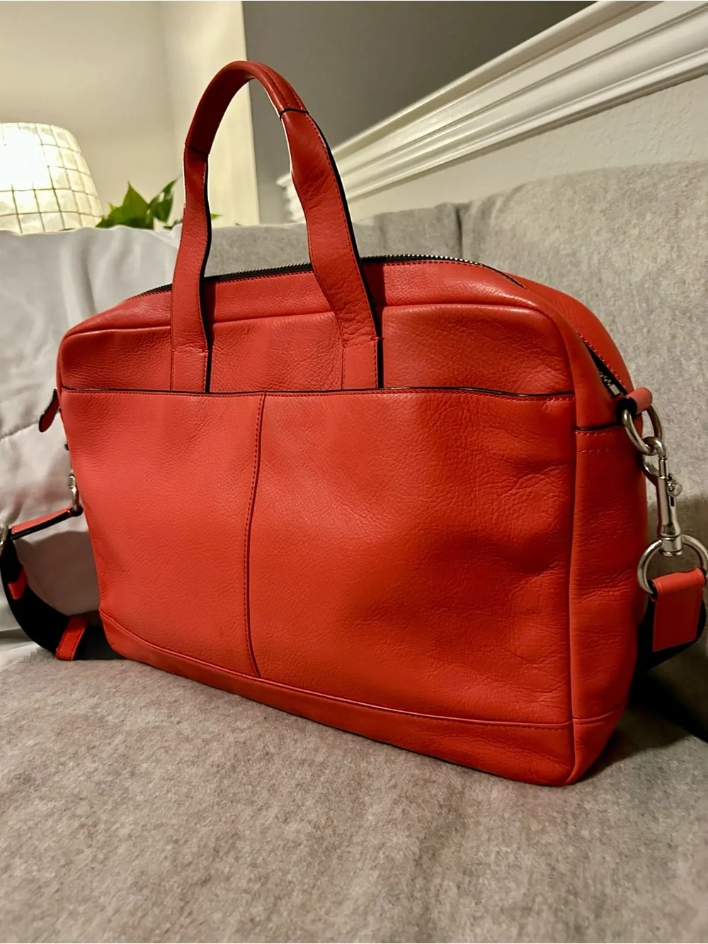 Coach Men or Women's Bold Salmon Leather Laptop Briefcase with Black Strap